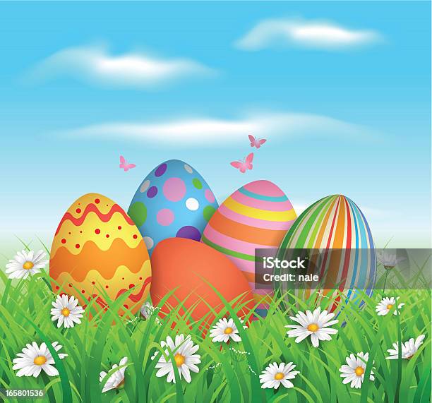 Colorful Easter Eggs In Grass Und Blumen Stock Vektor Art und mehr Bilder von Gras - Gras, Osterei, Bildhintergrund