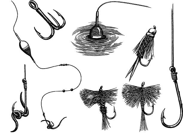 ilustraciones, imágenes clip art, dibujos animados e iconos de stock de conjunto de pesca - pesca con mosca ilustraciones