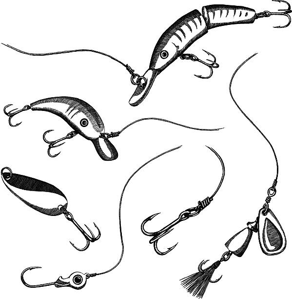Sketches of fishing lures on a white background High detailed fishing set - vector illustration fly fishing illustrations stock illustrations
