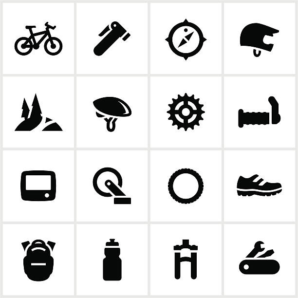 Black and white mountain biking icons Mountain bike icons. All white strokes/shapes are cut from the icons and merged allowing the background to show through. black pumps shoes stock illustrations