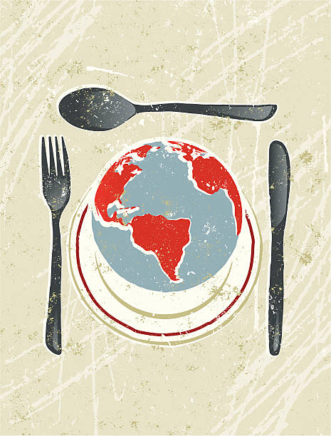 świat na talerzu z nóż, widelec i łyżka z otworami - world cuisines stock illustrations