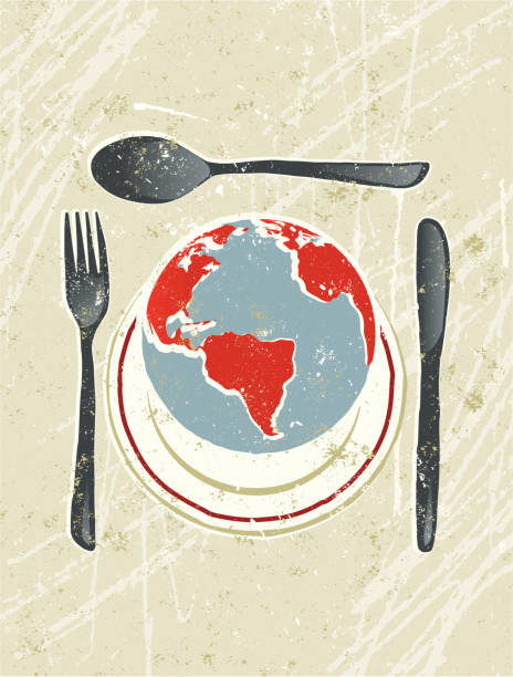 ilustrações de stock, clip art, desenhos animados e ícones de mundo em um prato com colher, garfo e faca - world cuisines