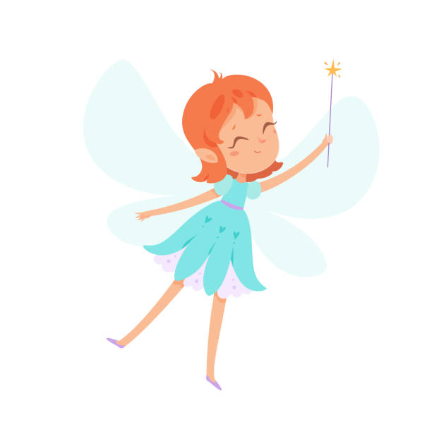 Cute fairy girl flying with magic wand, princess with blue butterfly wings and dress Cute fairy girl flying with magic wand vector illustration. Cartoon isolated princess character with blue butterfly wings and dress holding up stick with gold star and sparkles, happy cheerful doll pics of the godmother stock illustrations