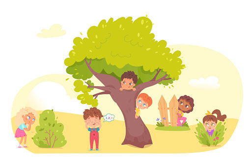 Little kids playing hide and seek in park. Playing game with friends outdoor in summer vacations vector illustration. Boy counting, boys hiding begind tree, girl running to hide.