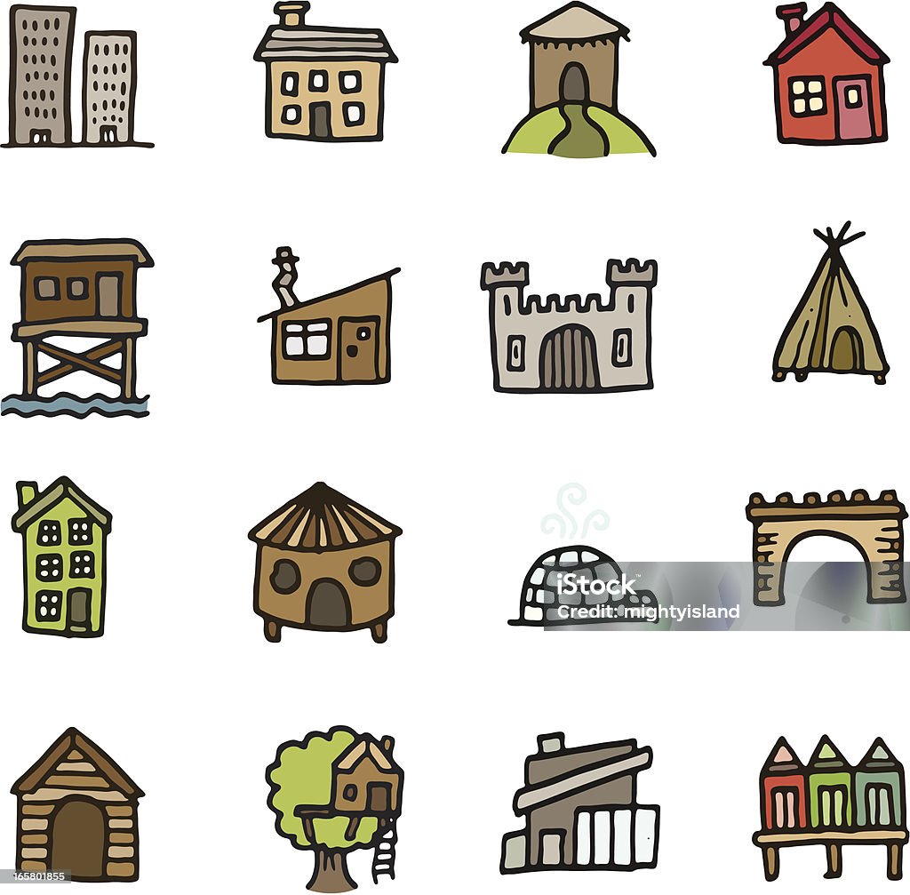 Building and home doodle icon set Mud Hut stock vector