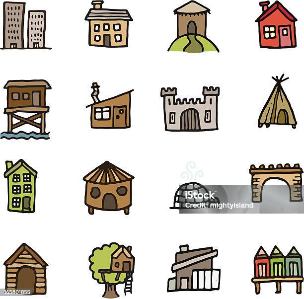 Building And Home Doodle Icon Set Stock Illustration - Download Image Now - Mud Hut, Log Cabin, Building Exterior