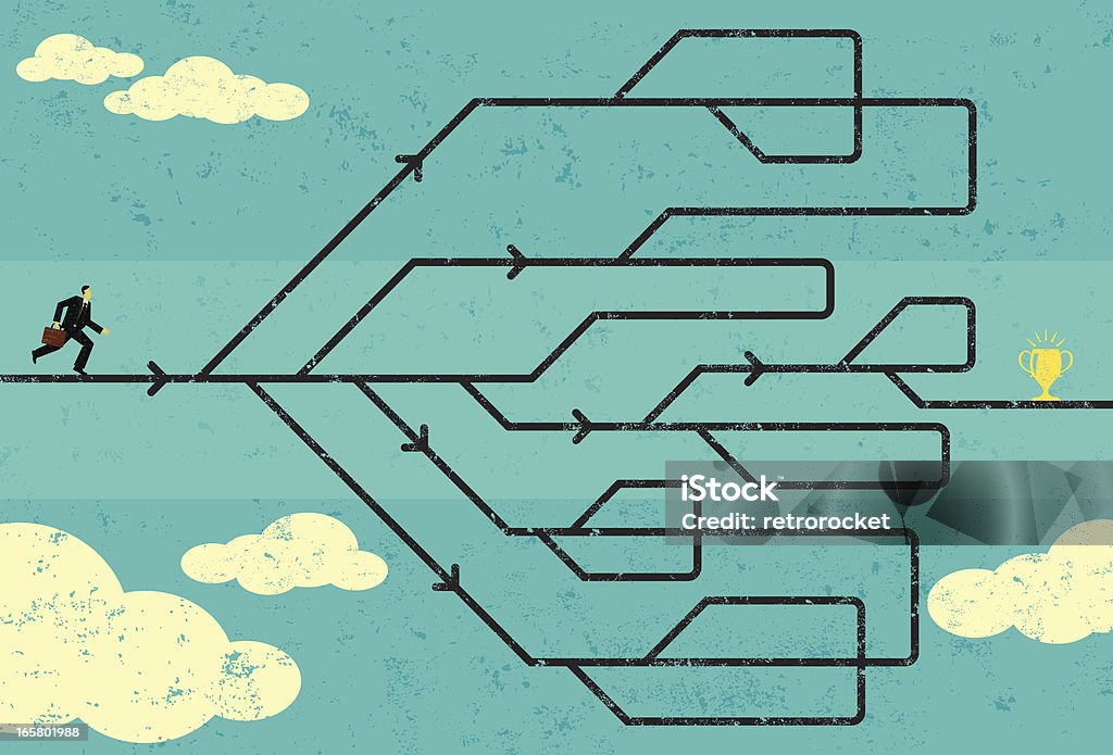 Career path to success Businessman navigating his career path to success. The man and maze are on a separate labeled layer from the background. Footpath stock vector
