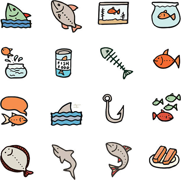illustrations, cliparts, dessins animés et icônes de poisson doodle icône set - animals and pets isolated objects sea life