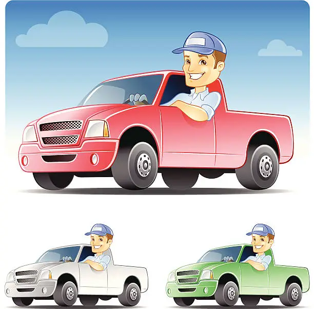 Vector illustration of Serviceman, Repairman Driving Work Truck
