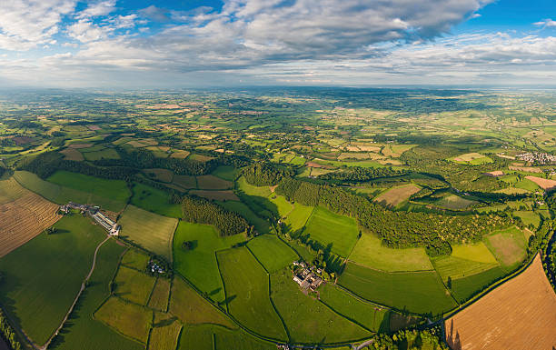 vert champs palpitant panorama aérienne paysage en patchwork - welsh culture wales field hedge photos et images de collection
