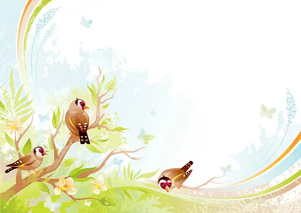 Vector illustration of Butterfly and birds background with copyspace: goldfinchs