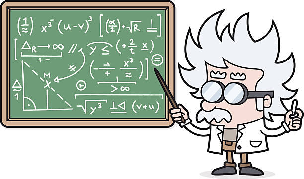 illustrazioni stock, clip art, cartoni animati e icone di tendenza di fumetto insegnante con un semplice calcolo/scienziato o professore - simplicity mathematics mathematical symbol blackboard