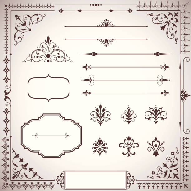 Ornament Set AI EPS 8 file.  Set of ornamental scrolls, text dividers, frames and corners.  Each element is grouped for easy editing.  Repeating borders are included in brushes panel for easy use. dingbat stock illustrations