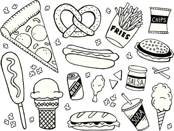 junk food kritzeleien - speisen oder getränke zum mitnehmen stock-grafiken, -clipart, -cartoons und -symbole