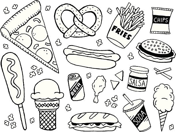 junk food doodles - atıştırmalıklar illüstrasyonlar stock illustrations