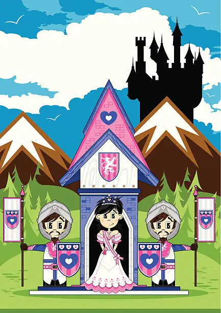 Vector illustration of Princess & Knights at Castle Guard Post Scene