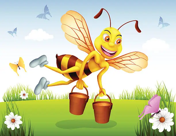 Vector illustration of Bee carrying buckets