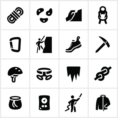 Mountain and ice climbing icons. All white strokes and shapes are cut from the icons and merged allowing the background to show through.