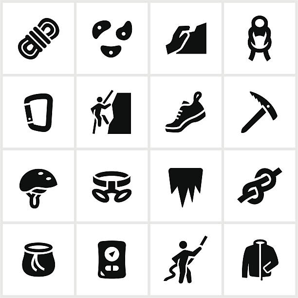 Black Climbing Icons Mountain and ice climbing icons. All white strokes and shapes are cut from the icons and merged allowing the background to show through. climbing equipment stock illustrations