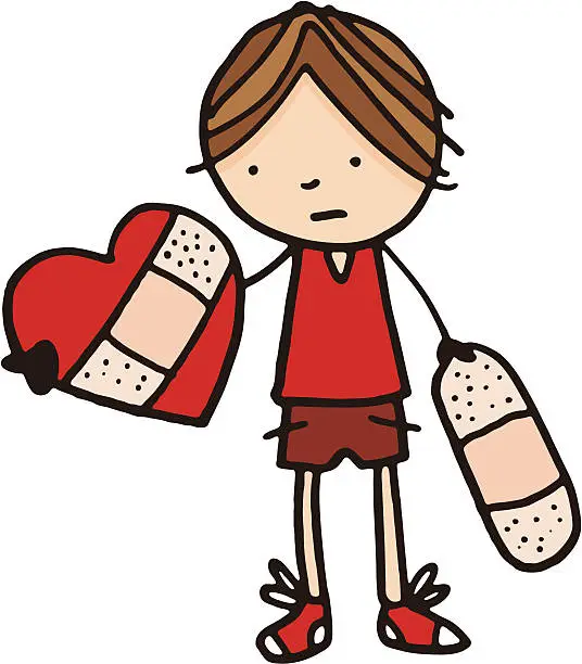 Vector illustration of Boy holding a broken heart with bandaid