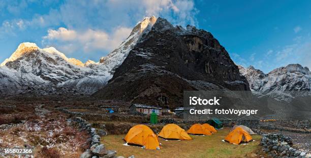 Teahouse Camp Under Himalaya Mountain Peaks Panorama Sunrise Stock Photo - Download Image Now