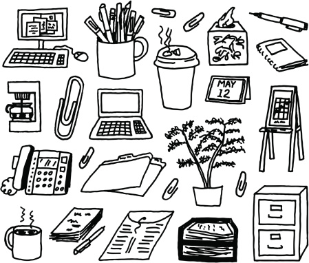 A doodle page of office supplies.