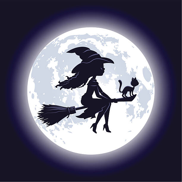 ilustraciones, imágenes clip art, dibujos animados e iconos de stock de halloween bruja silueta - wizard magic broom stick