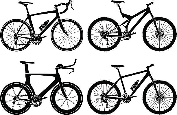 Four Types of Bikes Vector illustration of four types of bikes done in one color. The white outlines are gaps to show the background. racing bicycle stock illustrations