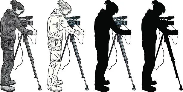 Vector illustration of camera operator (silhouette and black & white versions)
