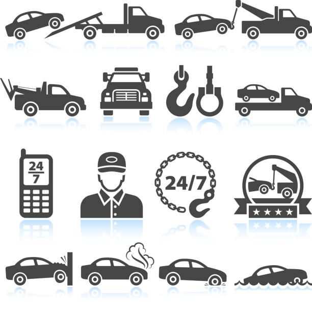 Towing truck black & white royalty free vector icon set Towing truck black & white icon set tow truck stock illustrations