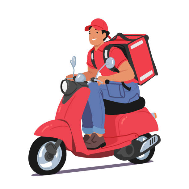 illustrazioni stock, clip art, cartoni animati e icone di tendenza di efficiente carattere di corriere su uno scooter agile, che naviga rapidamente nel traffico per consegnare prontamente i pacchi - addetto alle consegne