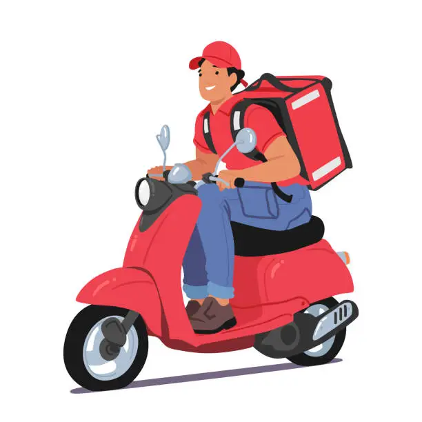 Vector illustration of Efficient Courier Character On A Nimble Scooter, Swiftly Navigating Through Traffic To Deliver Packages Promptly