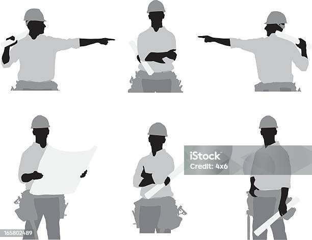 Multiple Images Of A Construction Worker Stock Illustration - Download Image Now - Construction Worker, Hardhat, Side View