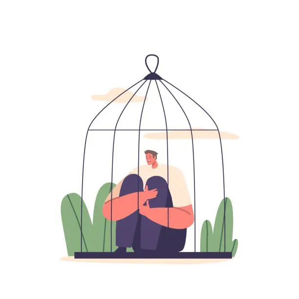 Vector illustration of Captive Male Character Sitting In Cell. Confined Man Sits Within A Cage, Surrounded By Metal Bars, Vector Illustration