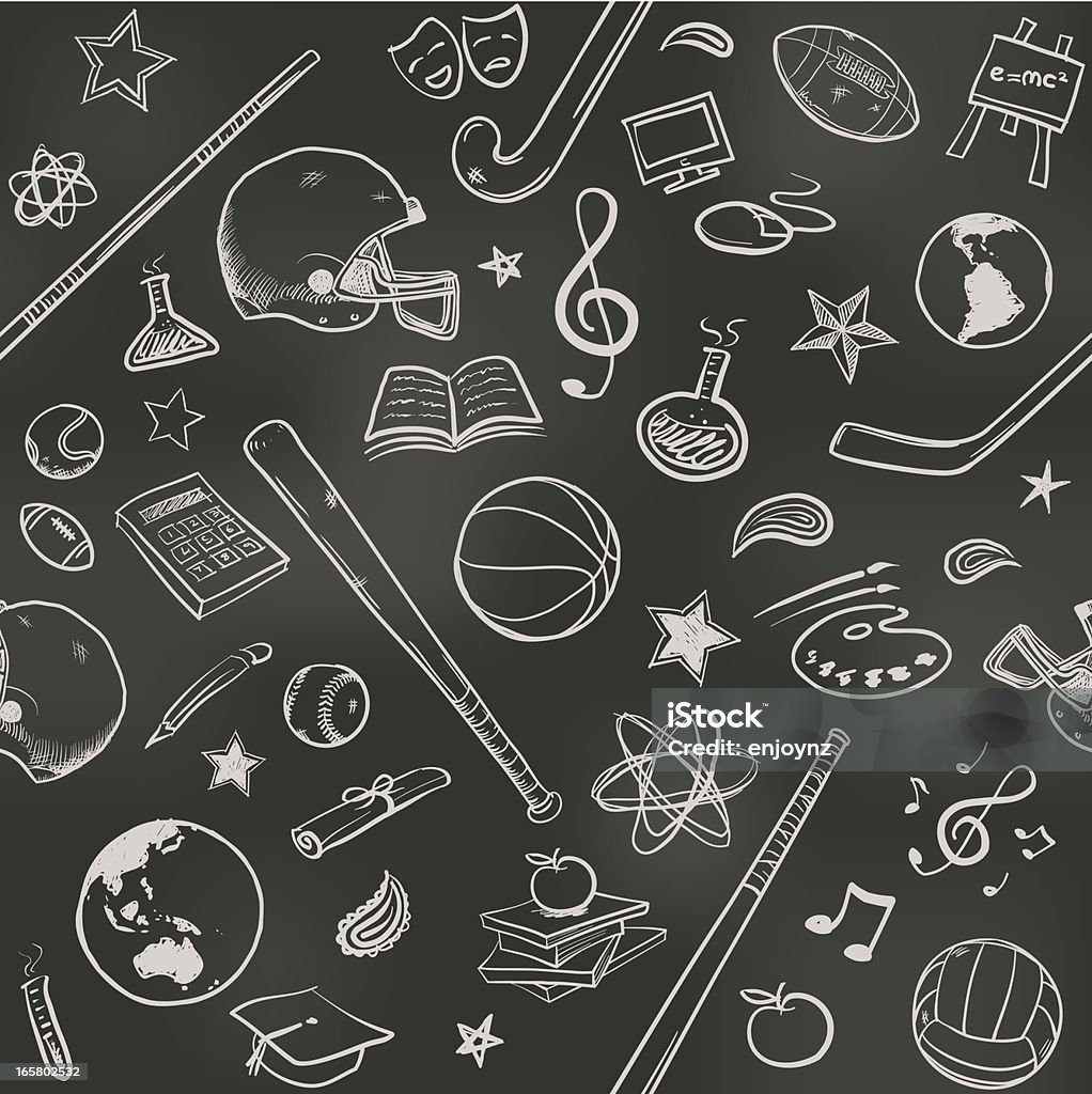 Seamless US college background Sketchy chalk drawings of education icons and sports equipment on a blackboard, will tile endlessly. School Building stock vector