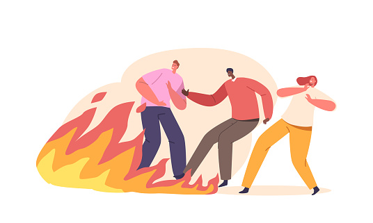 Terrified People Flee As Flames Rage, Engulfing Surroundings In An Inferno Of Panic And Chaos, Evoking A Visceral Sense Of Danger. Male and Female Characters in Danger. Cartoon Vector Illustration