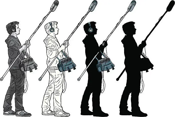 Vector illustration of boom operator (silhouette and black & white versions)