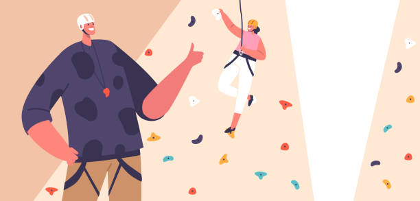 illustrazioni stock, clip art, cartoni animati e icone di tendenza di kid climber arrampicata parete rocciosa. ragazza senza paura carattere alpinista bouldering, appeso alla corda al coperto nel parco giochi della palestra - hanging on rock rock climbing