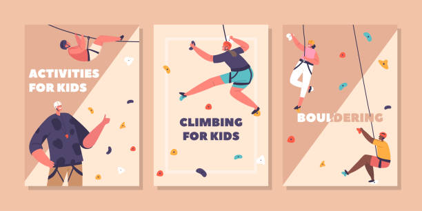 illustrazioni stock, clip art, cartoni animati e icone di tendenza di attività alpinistiche per bambini banner verticali. i personaggi dei bambini scalano una parete da arrampicata con l'aiuto dell'allenatore - hanging on rock rock climbing