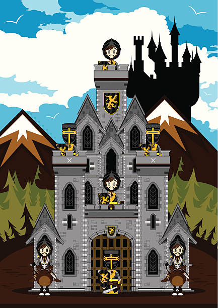 рыцари средневековый замок сцены охраняющая почта - medieval castle gate portcullis stock illustrations