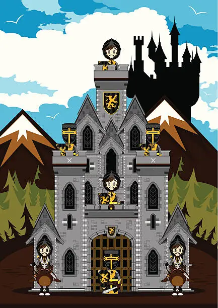 Vector illustration of Medieval Knights Guarding Castle Scene