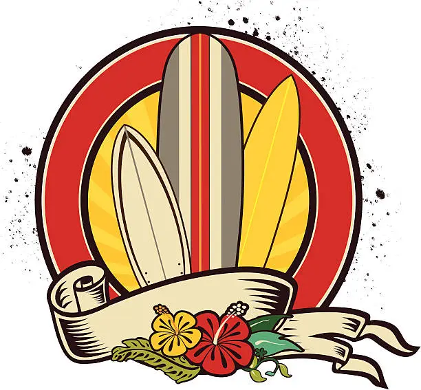 Vector illustration of Surfboards Flowered Emblem