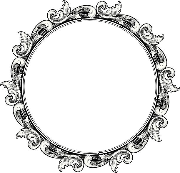 engraved Circle Scroll Frame Designed by a hand engraver. Highly detailed engraved scrollwork in a circular frame with copy space. Scroll background color on a separate layer so any fill color is possible. Change color and scale easily with the enclosed EPS 10 and AI files. No transparencies or special effects. Also includes hi-res JPG. circle borders stock illustrations
