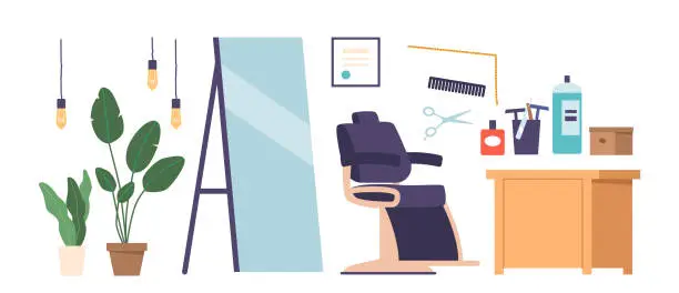Vector illustration of Barber Shop Icons Includes Mirror, Chair, Scissors, Razors, Combs, Brushes, Retro Lamps, Clippers, And Styling Products