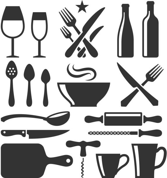 레스토랑 휘장/주방용 가전제품 블랙 & 인명별 아이콘 세트 - kitchen utensil commercial kitchen domestic kitchen symbol stock illustrations