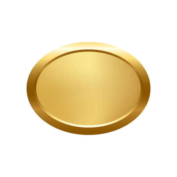 istock Gold ellipse button with frame vector illustration. 3d golden glossy elegant oval design for empty emblem, medal or badge, shiny and gradient light effect on plate isolated on white background 1658026779