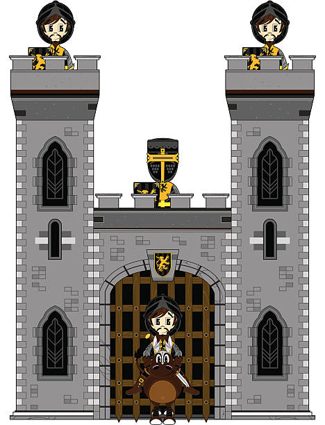 средневековый замок рыцари охраны - medieval castle gate portcullis stock illustrations