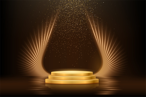Gold tripple podium for product presentation vector illustration. Abstract empty golden award platform with rays or wings, glitter confetti sparkle rain falling.