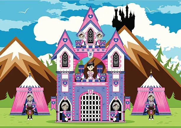 Vector illustration of Princess with Royal Guards at Castle Scene