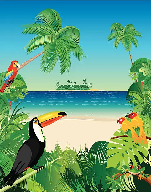 Vector illustration of Tropical Beach and Birds